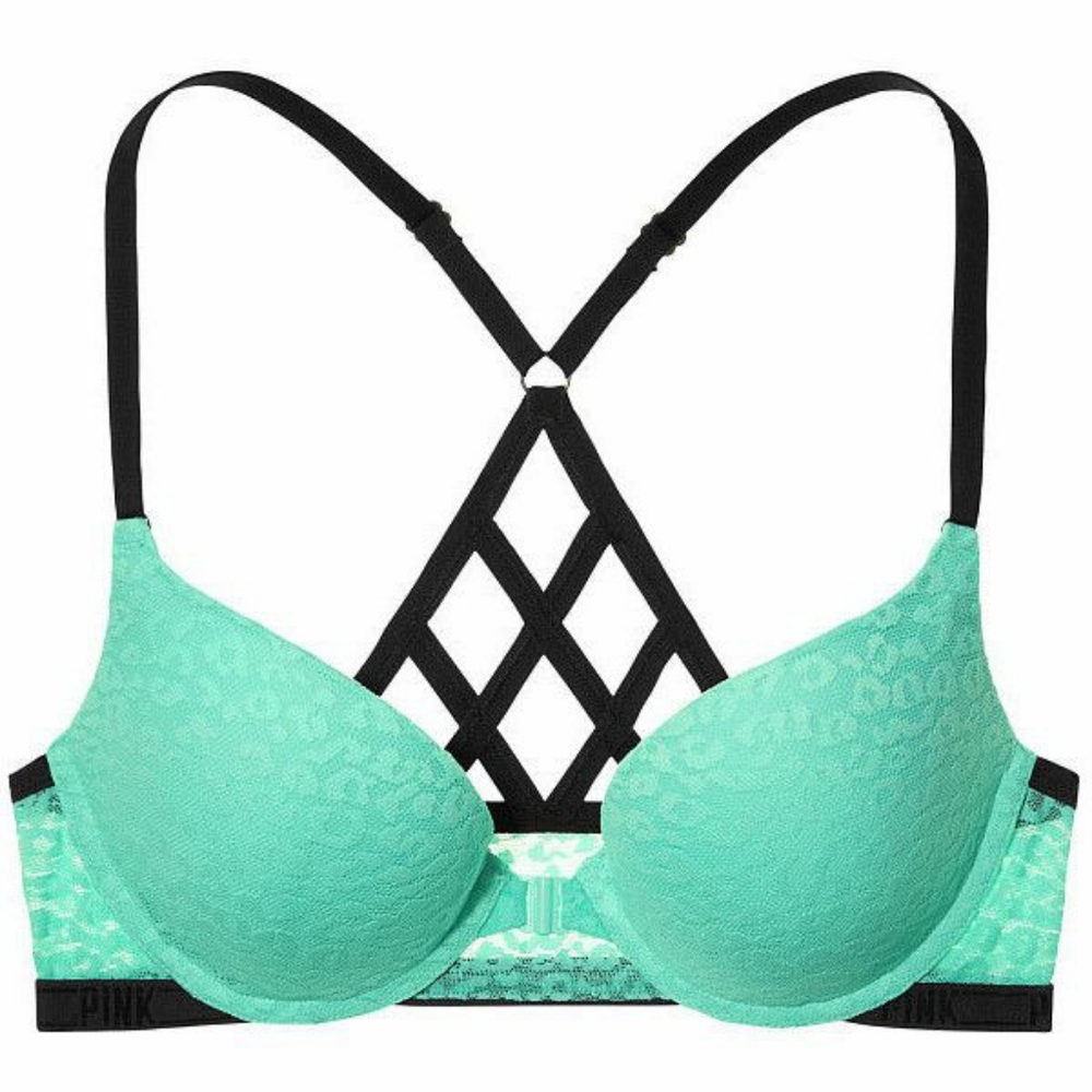 32C Victoria's Secret Pink Leopard Lace Cage Back Push Up Front Closure Bra